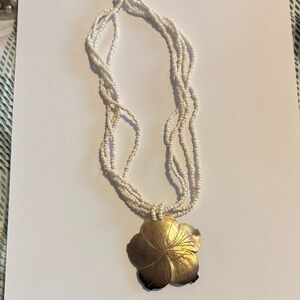 Gold Flower Pendant Necklace with White Beads